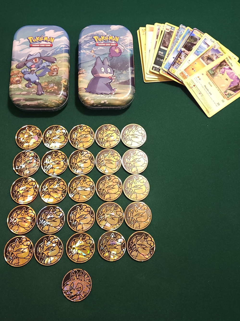 Pokemon Lot! Tins, 26 Flip Coins/Tokens, Free Cards.